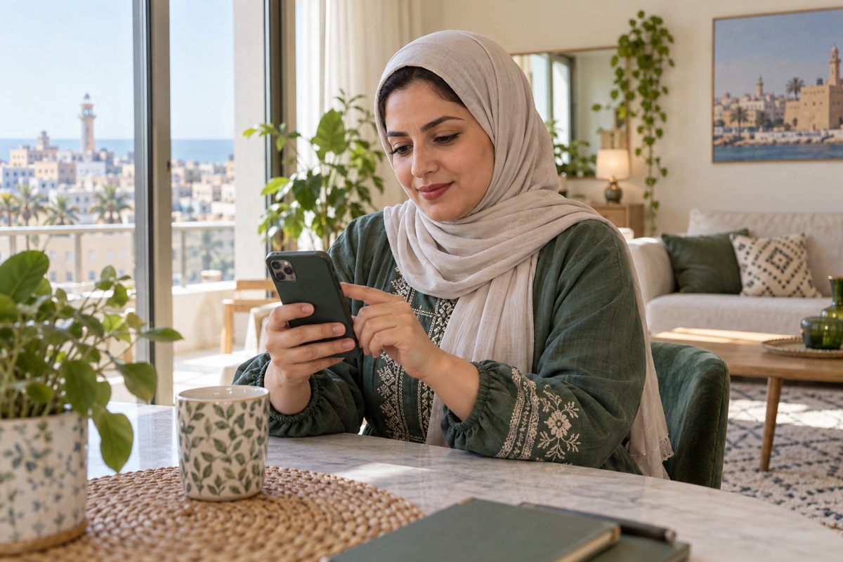 سيدة بالغة في ليبيا تشوف المهام من تليفونها