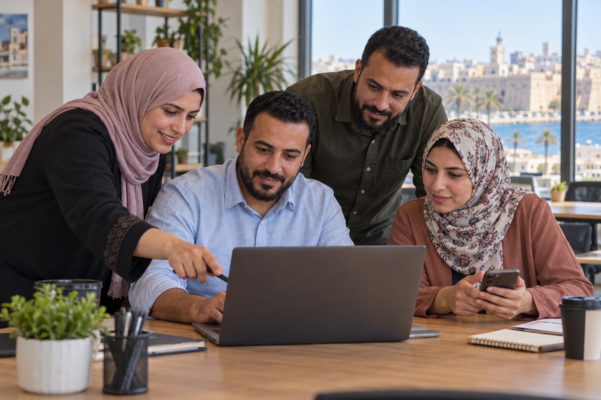 فريق من بالغين في ليبيا يتعاونوا في مكان عمل